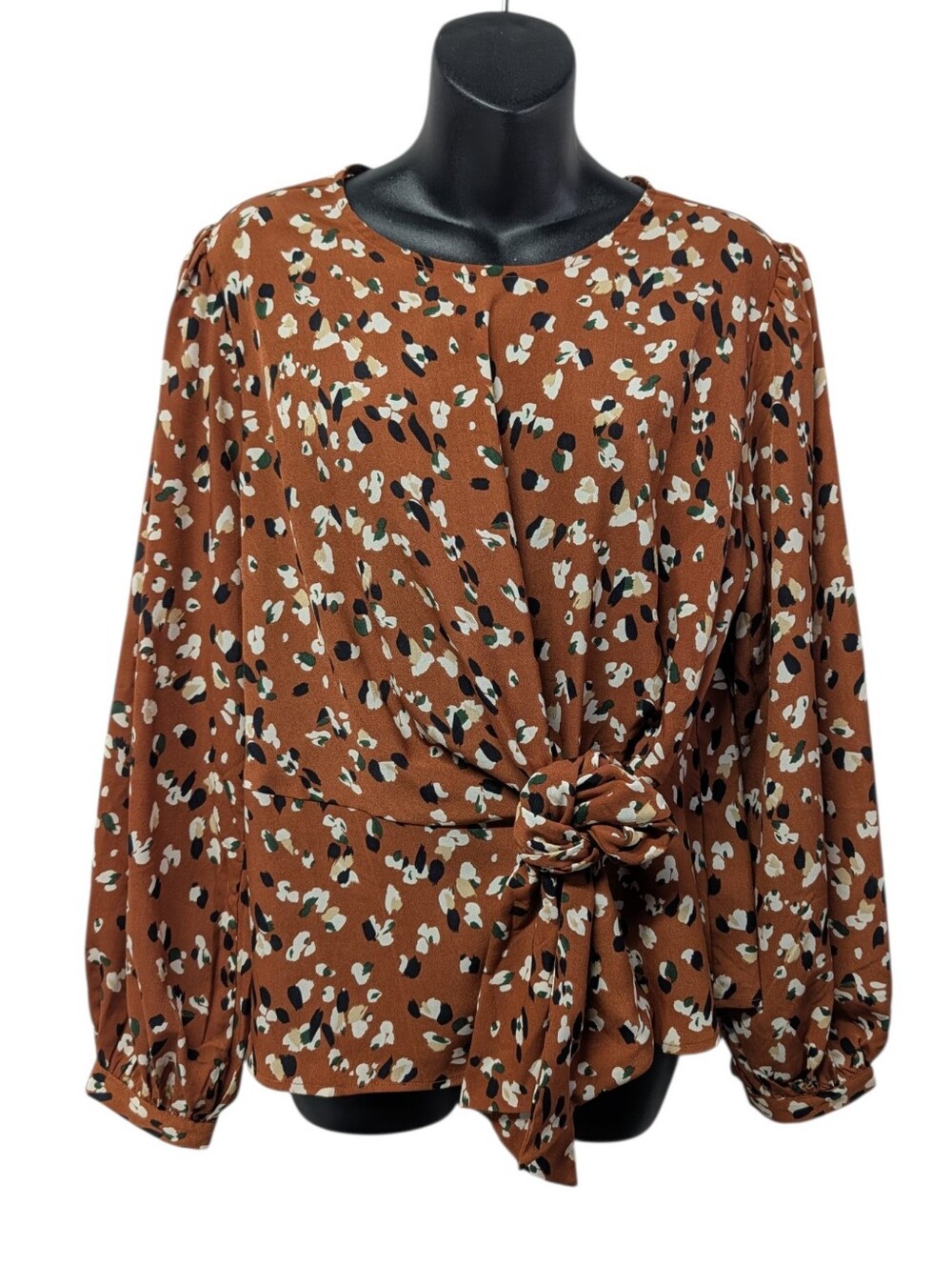 mittoshop Women's Floral Chiffon Tie Front Puff Long Sleeve Blouse Size M
